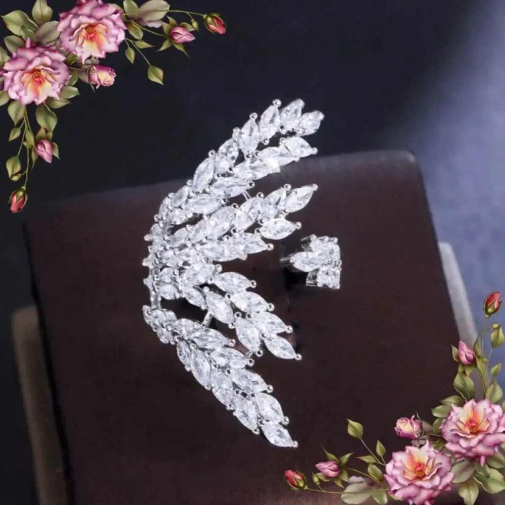 Leaf Shaped Cuff Ring With‎ Shiny Cubic Zirconia Stones